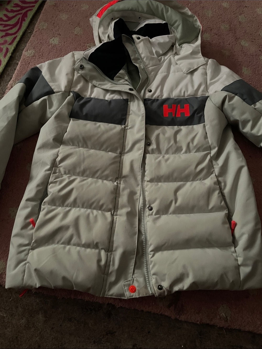 Helly Hansen Kids Light Gray Hooded Puffer with Orange Logo- Like New 12